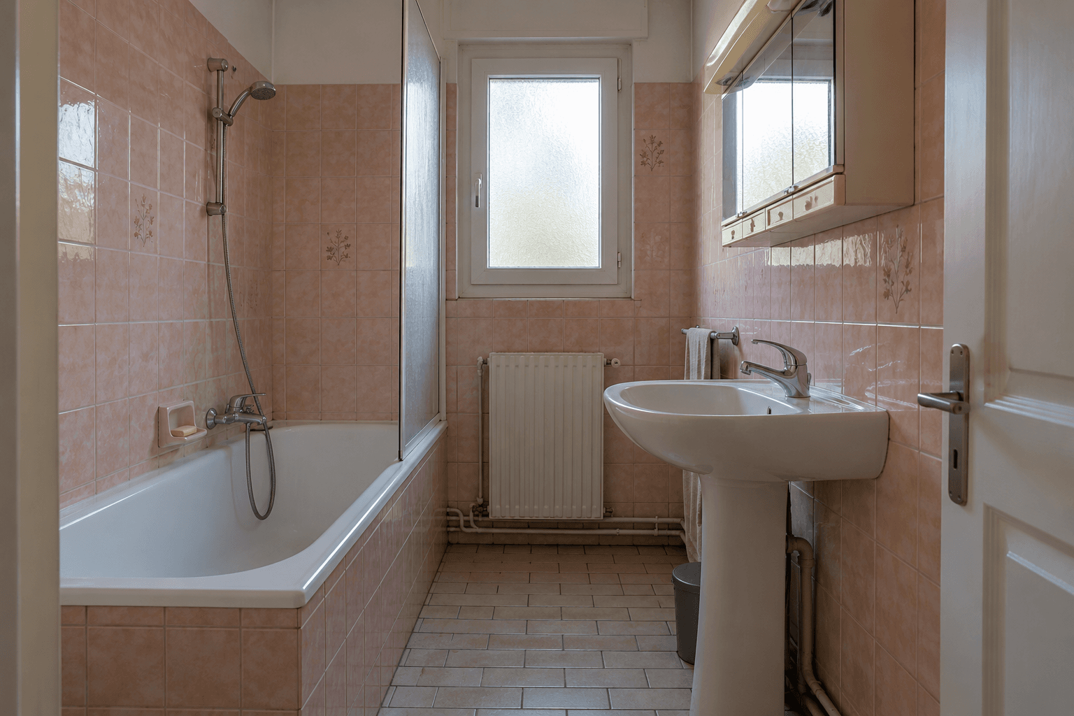 Une salle de bain apaisée, avant rénovation — démonstration fictive